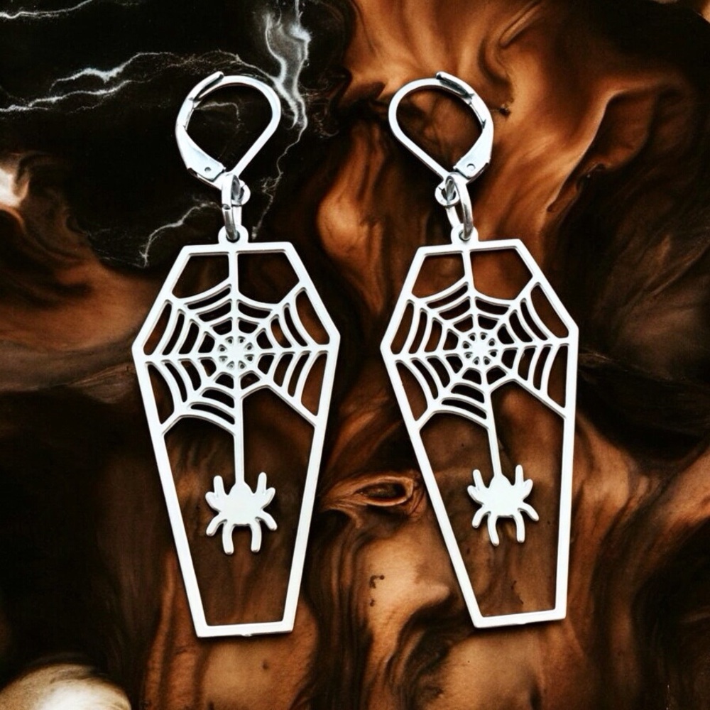 🆕 Coffin with Spider Web Laser Etched Earrings Stainless Steel